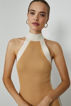 High Neck Knitted Rib Mono Dress Dresses High Neck, Pretty Tops, Ladies Clothes Fashion, Halterneck Top, Rib Top, Ladies Clothes, Pretty Top, Halter Neck Top, Karen Millen