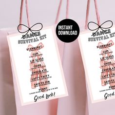 two bags with tags attached to them that say, instant test and survival kit for girls