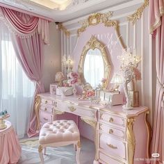 a pink and gold decorated bedroom with dressing table