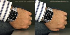 two pictures of a man wearing an apple watch on his wrist and another showing the time