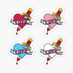 four stickers that say love and two hearts with ribbons around them on a white background