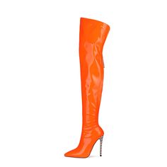 Size for EU 35 - EU 45, please inform us for the adjustment of the wider shoes.Heel Height : 12 cm high heels;Shaft circumference : calf circumference 34cm, muzzle circumference 42cm;Shaft height : 60 cm;Closure Type : Zipper;Upper Mateial : patent leather, synthetic. Neon High Heels, Orange High Heels, Leather Thigh High Boots, Shoes Heel, Zipper Heels, Pointed Toe Boots, Womens Mid Calf Boots, Canvas Shoes Women, Women Oxford Shoes