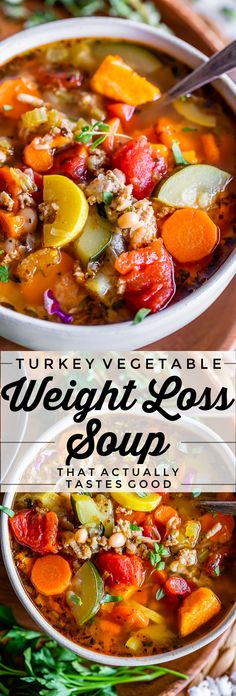 turkey vegetable Weight loss soup recipe in a white bowl with  a spoon Turkey Vegetable Soup, Food Charlatan, Soup Diet, Healthy Soup Recipes, Diet Food