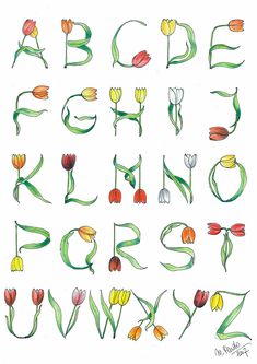 the letters are drawn with colored pencils and have tulips growing out of them