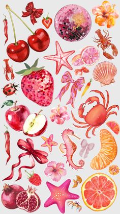 an illustration of various fruits and vegetables on a white background, including strawberries, oranges, cherries, apples, starfish, sea urchin