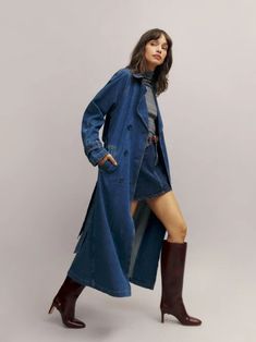 Hayes Denim Trench Coat - Sustainable Denim | Reformation Sustainable Denim, Denim Trench Coat, Double Breasted Trench Coat, Friends With Benefits, Block Heels Sandal, Denim Fabric, Recycled Cotton, Fabric Care, Double Breasted