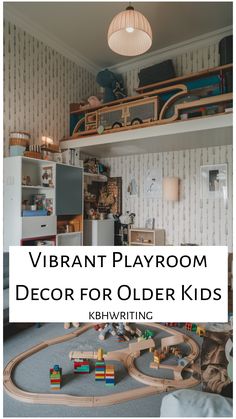 Playroom with wall shelves, a play table, and toy train tracks on the floor.