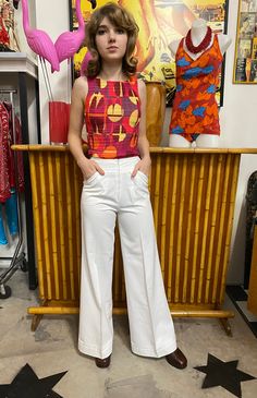 "Yeah Baby ,Vintage 60,s White Flares  In Polyester /Rayon ...by Aywon ! High waist 25\"-63.5cm,...hip 36\"-91cm Length 39\"-99.5cm...Flare width 32cm" White Flares, Womens Trousers, 70s Fashion, Trousers Women, Capri Pants, High Waist, Trousers, Australia, High Waisted