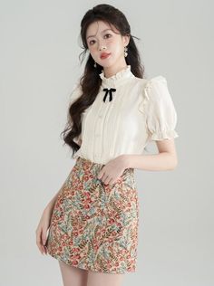 ❤Little Ribbon Summer Girly Top + Flower Skirt❤︎ Girly Tops, Sweet Top, Flower Skirt, Flower Tops, Stand Collar, Short Sleeve Shirt, Womens Shirts, Spring Summer, Ribbon