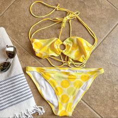 Never Worn Victoria Secret Yellow Polka Dot Bikini Good Condition Small Snag On Bottoms In Front And (See Photos) The Top Is Medium And Bottoms Are Small Measurements In Photos Smoke And Pet Free Home Polka Dot Swimwear For Spring And Summer, Polka Dot Swimwear For Summer Vacation, Victoria's Secret Fitted Swimwear For Summer, Fitted Victoria's Secret Swimwear For Summer, Polka Dot Swimwear For Spring Swimming, Polka Dot Beachwear For Summer, Polka Dot Halter Neck Swimwear For Beach Season, Fitted Polka Dot Swimwear For Spring, Victoria's Secret Swimwear For Summer Sunbathing