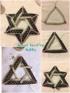 four pictures of different shapes and sizes of beaded stars, each with an individual's name on them