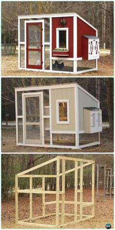 the chicken coop is made out of two different types of materials and it's built into