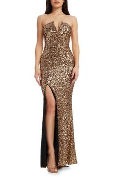 An architectural neckline lets you show off your shoulders in a lustrous sequin evening gown fashioned with a thigh-high slit at the front. 54 1/2" center front length ( size Medium) Deep V-neck Strapless Partially lined 95% polyester, 5% spandex Hand wash, dry flat Imported Gold Asoebi, 1920 Prohibition, Premiere Dresses, Gown For Party, Games Outfits, Prohibition Party, Asoebi Style, Gown Gold, Strapless Evening Gowns