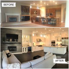 before and after pictures of a kitchen, living room and dining room remodel