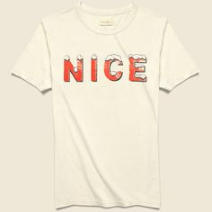 Nice Tee - Vintage White Retro Crew Neck T-shirt With Lettering, Vintage Short Sleeve T-shirt With Lettering, Vintage White T-shirt With Letter Print, Nostalgic Crew Neck T-shirt With Graphic Print, Retro Slogan Tops, Vintage Crew Neck T-shirt With Text Print, Retro Letter Print T-shirt For Everyday, Retro White Tops With Lettering, Nostalgic Graphic Print Crew Neck Top