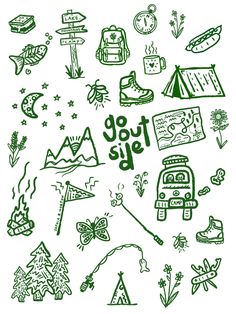 the words go out side are drawn in green ink on a white background with camping related items