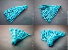 four pictures showing how to make a tasseled brooch with beads and yarn