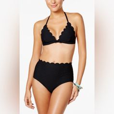 Kate Spade New York Black Scalloped Triangle Cup Bikini Top & Scalloped High-Waist Bikini Bottom Set. A Simple And Pretty Kate Spade New York Triangle Bikini Set Detailed With Scalloped Edges. Color Is Black. Top Size Is Large. Bottom Size Is Medium. High-Rise Kate Spade New York Bikini Top And Bottoms, Styled With A Scalloped Waistband. Lined. Shell: 84% Nylon, 16% Spandex. Lining: 92% Polyester, 8% Spandex. Kate Spade Summer Swimwear For Pool, Kate Spade Swimwear For Beach Season, Kate Spade Swimwear For Summer Pool, Kate Spade Swimwear For Summer Pool Season, Kate Spade Swimwear For Poolside, Kate Spade Swimwear For Pool In Summer, Kate Spade Swimwear For Poolside And Beach Season, Kate Spade Summer Beach Swimwear, Kate Spade Summer Swimwear For Beach Season