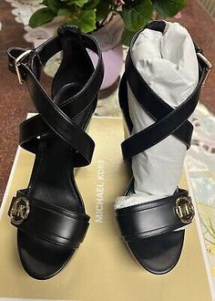 Michael Kors Carmen Logo Faux Leather Wedge Sandal Black Size 6.5  | eBay Black Wedge Sandals, Leather Wedge Sandals, Career Dress, Leather Wedges, Wedge Sandal, Shoe Game, Wedge Sandals, Women's Shoes Sandals, Ankle Strap