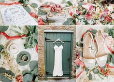 the wedding dress and shoes are on display