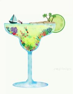 an illustration of a margarita with lime and fish on the rim, surrounded by corals