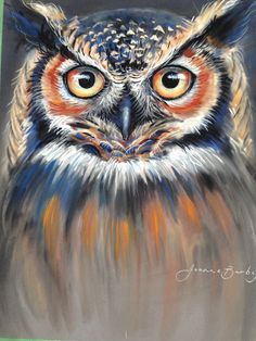 an owl with orange eyes is shown in this painting