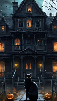 a black cat sitting in front of a creepy house with pumpkins on the ground