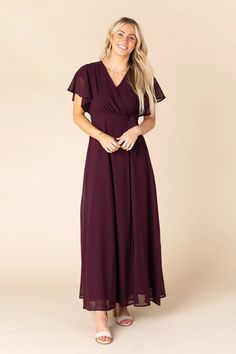 Naples Flutter Sleeve Wrap Maxi - Wine – Called to Surf Called To Surf, Maxi Dress Collection, Modest Bridesmaid Dresses, Chiffon Wrap, Burgundy Bridesmaid Dresses, Bridal Party Dresses, Flattering Dresses, Chiffon Maxi, Chiffon Maxi Dress