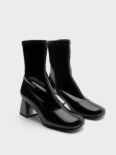 Black Patent Patent Metallic Trapeze Heel Ankle Boots - CHARLES & KEITH US Edgy High Ankle Patent Leather Boots, Black Patent Leather Boots With Sculpted Heel, Black Patent Leather High Ankle Boots, Black Sleek Patent Leather Platform Boots, Charles And Keith Lula Patent, Fall Fashion Shoes, Charles Keith, Shoes Boots Ankle, Faux Leather Heels