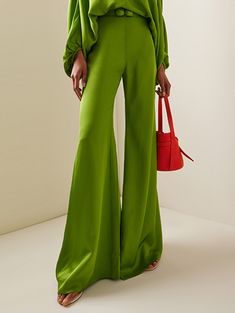 High Waisted Loose Solid Color Split-Joint Pants Trousers GREEN-S High Waist Wide Leg Trousers, High Waisted Wide Leg Pants, Green Trousers, Loose Trousers, Polyester Pants, Solid Green, Trousers Pants, Trouser Pants, Green Fashion