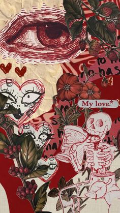 an altered collage with flowers, skulls and hearts