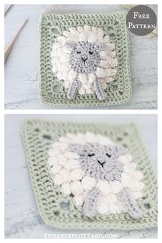 crocheted sheep with white and gray colors on it's face is shown in two different photos