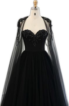 Black Fitted Gown With Cape Sleeves, Black Gala Dress With Cape Sleeves, Black Evening Gown With Cape Sleeves, Black Gown With Cape Sleeves For Evening, Black Cape Sleeves Evening Dress, Black Formal Evening Dress With Cape Sleeves, Black Evening Dress With Sheer Bodice For Banquet, Black Gown With Cape Sleeves, Black Party Gown With Sheer Sleeves