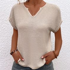 Cream Waffle Knit Batwing Sleeve Notched Neckline Top/ Nwot Knit Tops For Women, Waffle Knit Top, Knit Tops, Casual Top, Tragus, Batwing Sleeve, Tops For Women, Waffle Knit, Summer Tops