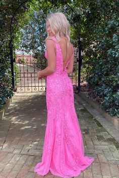 Sirena Deep V Gell roz roz lung de bal cu aplicații Lace Long Prom Dress, Prom Dresses Sparkly, Homecoming Dresses Sparkly, Prom Dresses Long Pink, Sparkly Prom Dresses, Graduation Gown, V Neck Prom Dresses, Boho Wedding Dress Lace, Dress Guide