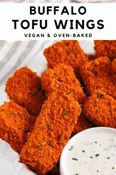 buffalo tofu wings with ranch dip on the side and text overlay that reads buffalo tofu wings vegan & oven - baked