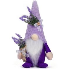 a purple and white stuffed gnome with flowers in it's hand on a white background