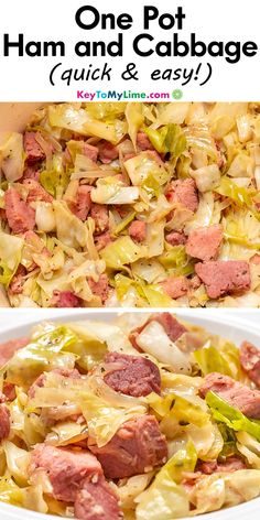 Two images of ham and cabbage, with title text at the top. Ham Dinner Recipes For Family, Recipes With Ham Steak Meals, Crockpot Ham And Cabbage Recipes, Ham Steak And Cabbage Recipes, Ham Left Overs, High Protein Ham Recipes, Leftover Ham Steak Recipes, Keto Leftover Ham Recipes, Ham Meals Ideas Dinners