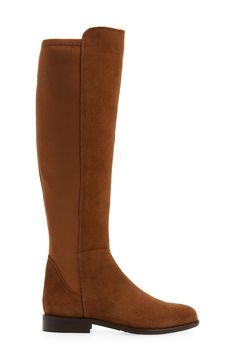 A low-heel boot made in Italy features a stretchy shaft panel for a sleek, slimining profile. 1" heel (size 39) 18" shaft; 14"–15 1/2" calf circumference Pull-on style Lightly padded footbed Leather and textile upper and lining/synthetic sole Made in Italy Women's Shoes Classic Tall Fitted Boots, Fitted Suede Knee-high Boots With Suede Lining, Fitted Knee-high Suede Boots With Suede Lining, Classic Fitted Suede Knee-high Boots, Fitted Knee-high Boots With Suede Lining, Classic Fitted Boots With Low Heel, Low Heel Boots, Heel Boot, Knee Boot