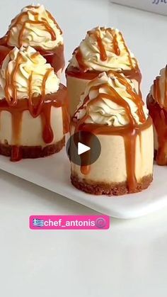 four desserts with caramel drizzled on them sitting on a white plate