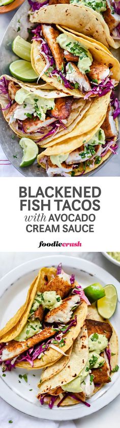 black - fried fish tacos with cream sauce and avocado on the side