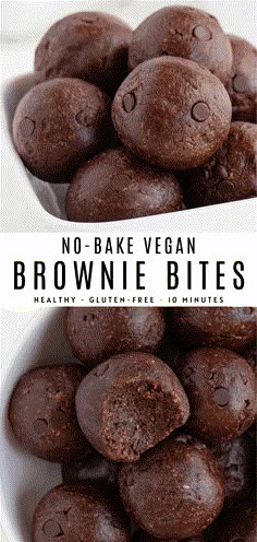 no bake vegan brownie bites in a white bowl with text overlay