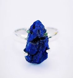 "Handmade 925 Sterling Silver Ring. 💫Designer Azurite Ring. 💫The Beautiful Azurite Pendant. This is a beautiful handmade creation.  Azurite is a soft stone, named for its deep \"azure blue\" color. No crystal embodies the pure Blue Ray quite like Azurite. 💫The rich vibrancy of its dark-blue energy resonates to the exact frequency of the Third-Eye Chakra, and has been guiding souls to enlightenment since the earliest civilizations began. 💫It was called the Stone of Heaven by the ancient Chinese who believed it to open celestial gateways. 💫Azurite tempers the mind; it releases stress and confusion, and alleviates worry, indecision, and thoughts that linger in the back of the consciousness. To restore balance and control over emotions and reactions. 💫Azurite also helps one to recognize Azurite Ring, Hippie Ring, Geode Ring, Hippie Rings, Raw Stone Ring, Boho Pendant, Blue Ray, Azure Blue, Valentine's Gift