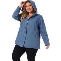 The Plus Size Layered Drawstring Hood for Women Denim Jacket is a stylish and versatile outerwear piece that combines comfort and fashion. The design of this jacket includes a drawstring hood, which adds a trendy and functional element to the overall look. The chest decor pockets and slant cargo pockets further enhance the uniqueness of this jacket, providing ample storage space for essentials. The jacket's knitted denim fabric adds warmth and comfort, making it suitable for cooler temperatures. Chest Decor, Denim Utility Jacket, Women's Plus Size Jeans, Plus Size Brands, Knit Denim, Jean Jacket Women, Faux Suede Jacket, Blue Jean Jacket, Plus Size Fits