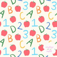 an image of children's alphabet and numbers with apples on white background for wallpaper