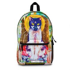 Have you got room for all that? With our roomy and durable Zen Buddha Cat backpack, you will!    Originally painted by Joshy as a pet portrait for an awesome local Vermont family in August 2022,  this vibrant feline painting felt like it had more to give to this world. Now this painted Buddha Cat has become a wearable watercolor artisan backpack!    Our artisan apparel & lifestyle merch is not only printed in striking vivid detail, it’s also comfortable to wear and built to last!   With a classi Art School Bag, Zen Buddha, Buddha Zen, Cat Backpack, Indie Art, Pet Portrait, School Bag, Synthetic Fabric, Out Of Style