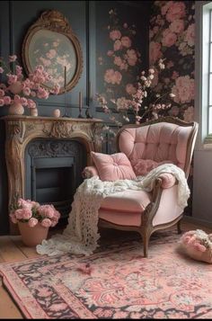 a pink chair sitting on top of a rug in front of a fireplace with flowers