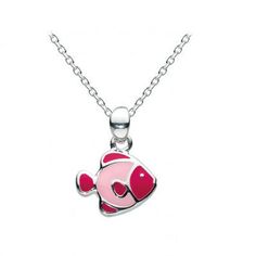 14 Inches Silver Pink Enameled Tropical Fish Kids Necklace For Girls 1 Playful Pink Enamel Jewelry, Pink Pendant Charm Necklace With Lobster Clasp, Pink Enamel Charm Necklace, Pink Enamel Charms Necklace, Pink Enamel Necklaces With Charms, Pink Enamel Charm Necklace As Gift, Cute Pink Sterling Silver Necklaces, Pink Sterling Silver Necklace With Charms, Pink Sterling Silver Charm Necklaces