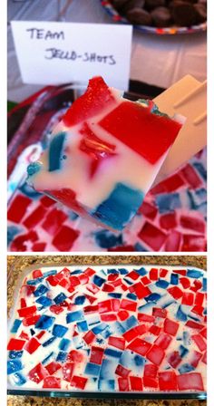 red, white and blue jello shots in a glass dish with a name tag on it