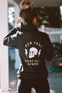 Run Fast. Raise Hell. no regrets This soft, comfy, unisex hoodie will fit all your hoodie needs. Made with a cozy fleece fabric, this hoodie is great all year round.   Fabrication: 52% cotton, 48% poly fleece  Size guide unisex sizing   S M L XL 2XL Chest to Fit (inches) 34-37 38-41 42-45 46-49 50-53 Body Length (inche Run Fast, Painted Denim, Cooler Look, How To Run Faster, Up Girl, Outfits Casuales, Look Fashion, Workout Clothes, Unisex Hoodies